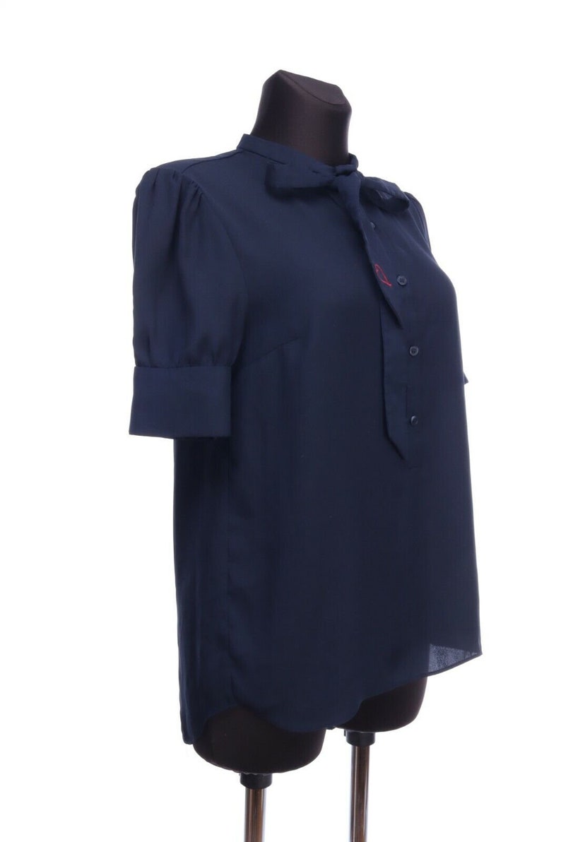 Dior D UNIFORMS Navy Blue Short Sleeve Tie Neck Blouse Size UK 10 US 6
