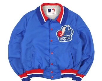Expos SHAIN Men&#39;s Blue Snap Major League Baseball Bomber Jacket  Size ~ L Authentic Vintage Wear