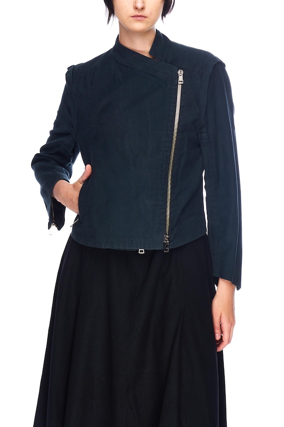 ANN DEMEULEMEESTER Blue Cotton Asymmetric Zip Biker Jacket Womens