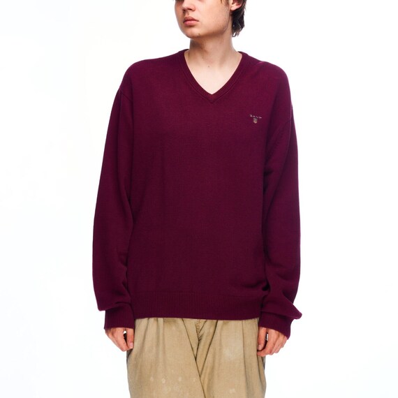 Vintage GANT V neck Sweater Burgundy Cotton Men s Knit Jumper Size L Authentic Etsy UK