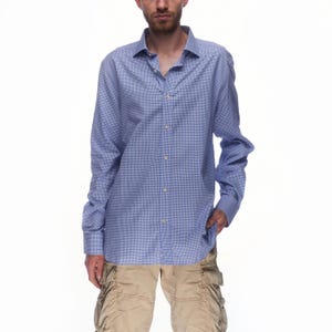 BOGGI Milano Dress Shirt White Navy Check Cotton Men&#39;s Tailored Fit Size 43 / 17