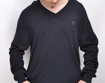 GANT Jumper com decote em V azul marinho algodão masculino tamanho 2XL
