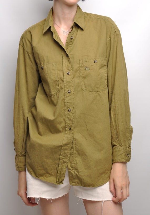 THOMAS BURBERRY Shirt Olive Gold Cotton Womens Blouse Size M Etsy Canada
