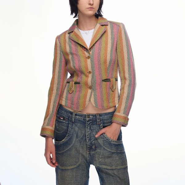 ETRO Milano Women's Multicolor Striped Herringbone Wool Blazer Jacket Size 40 IT Vintage Authentic Designer Wear