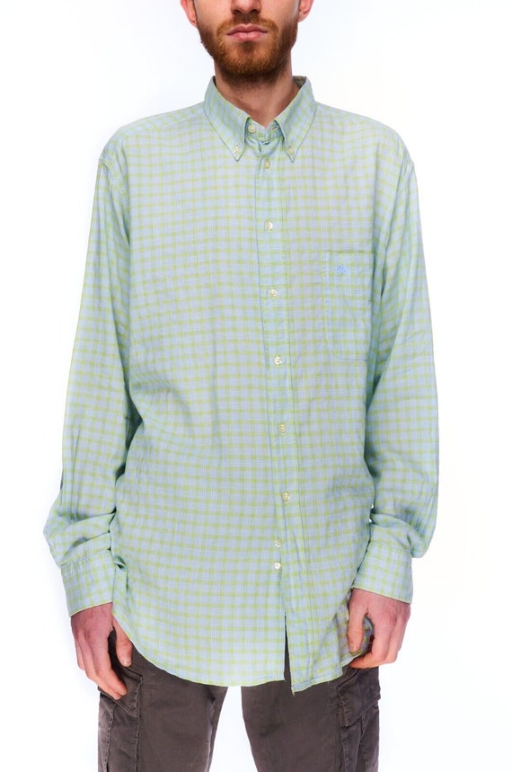 Vintage BURBERRYS Men's Blue Green Check Cotton B… - image 2