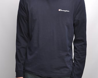 Camiseta masculina CHAMPION azul marinho de algodão com gola redonda e logotipo de manga comprida tamanho M