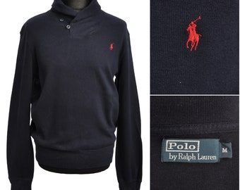 Polo RALPH LAUREN Navy Blue Shawl Neck Cotton Sweatshirt Mens Size M