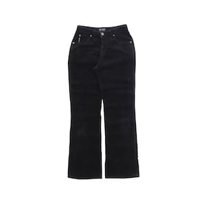 May include: Black corduroy pants with a straight leg and a high waist.