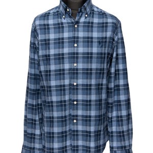 RALPH LAUREN Shirt Navy Blue Check Cotton Men&#39;s Button Down Slim Fit Size L