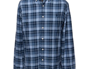 RALPH LAUREN Shirt Navy Blue Check Cotton Men's Button Down Slim Fit Size L
