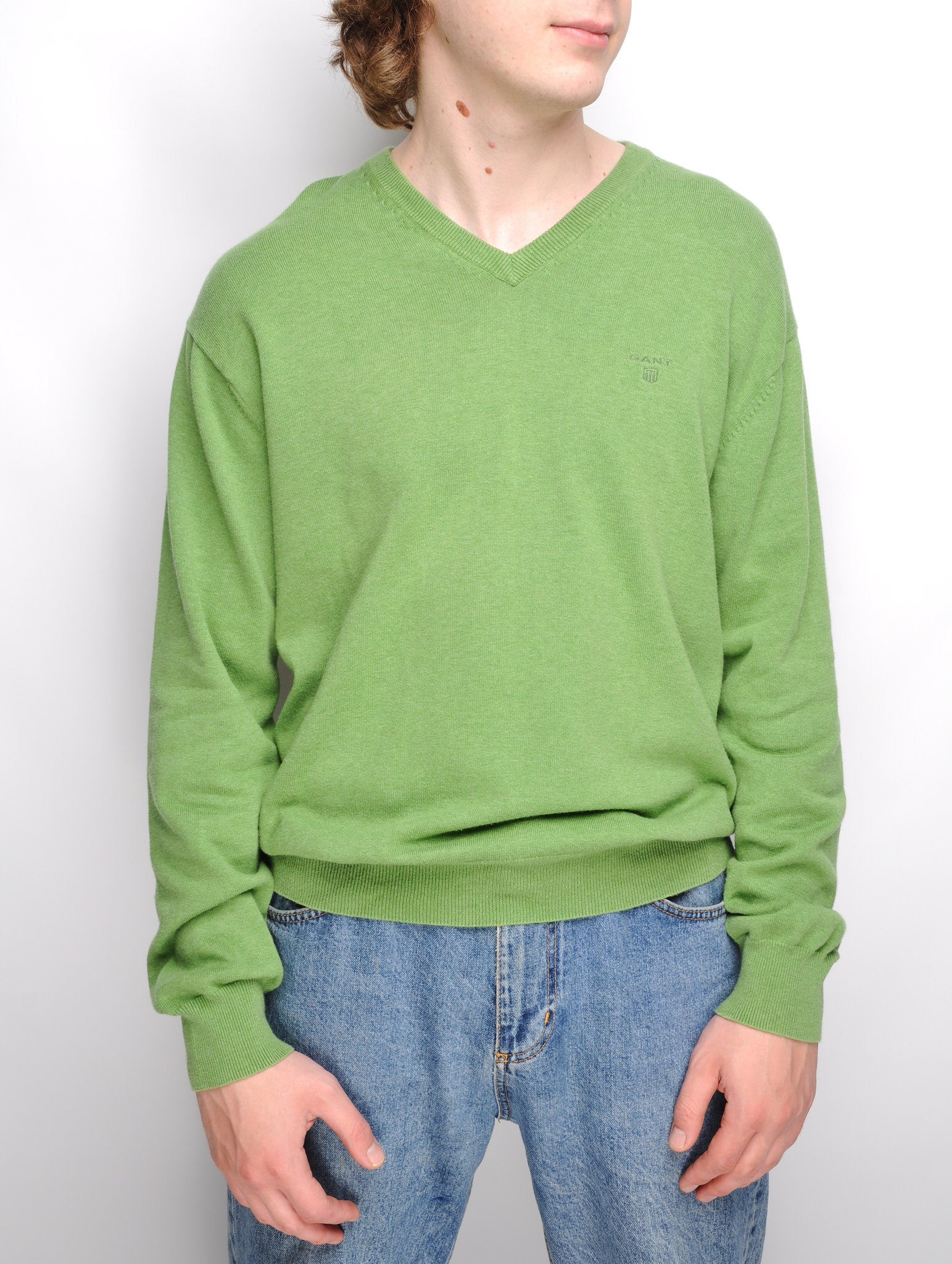 GANT Jumper V Neck Green Cotton Mens Size XL