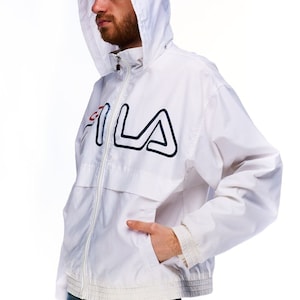 FILA Hooded Jacket White Nylon Men's Sportswear Big Logo Size 46