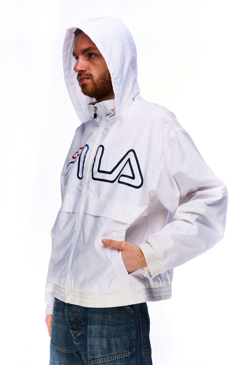 FILA Hooded Jacket White Nylon Men's Sportswear Big Logo Size 46