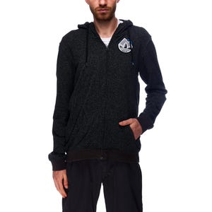 May include: A black zip-up hoodie with a small grey logo on the left chest. The hoodie has a textured, flecked fabric.