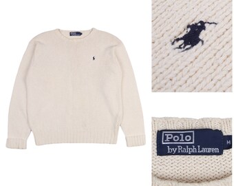 Polo RALPH LAUREN Jumper Chunky Knit Ivory Crew Neck Mens Pullover Size M