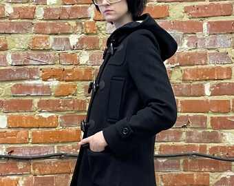 BURBERRY BRIT Black Wool Womens Duffle Coat With Check Hood BURBERRY BRIT Black Wool Womens Duffle Coat With Check Hood