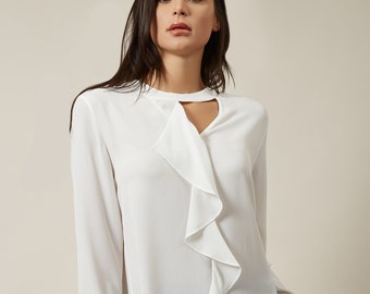 Oversized Ruffle Detailed Blouse, Elegant and Classic Top, Party Wear Top, Office Wear Top, Long Sleeves Summer Top, Going Out White Top