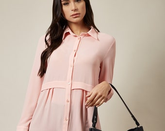Loose Fit Langarm-Shirt, Rosa Polyester Button Down Top