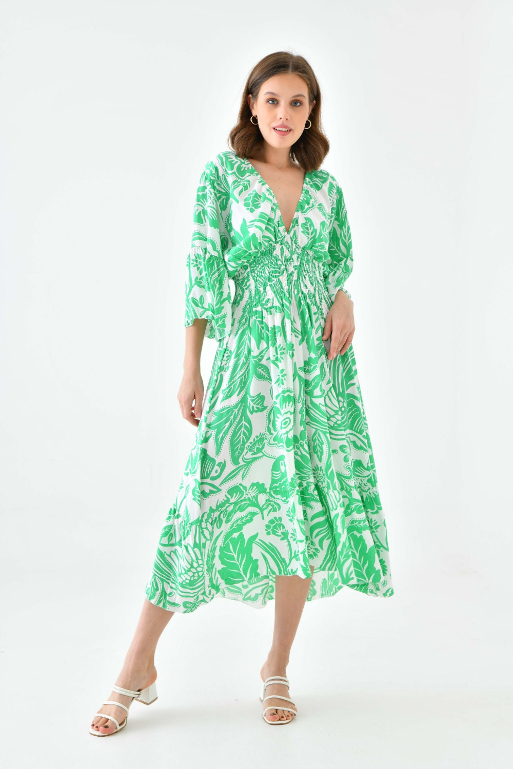 Green Floral Viscose Midi Dress: Flutter Sleeves, Shirred Waist - Etsy Green Floral Viscose Midi Dress: Flutter Sleeves, Shirred Waist - Etsy