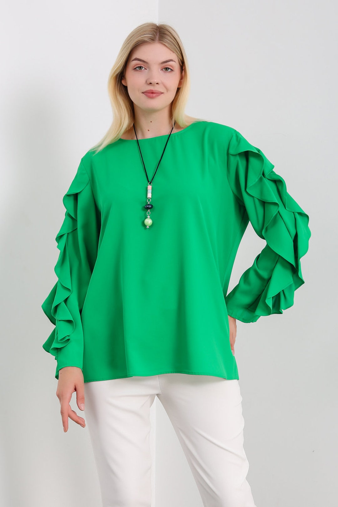 Green Ruff Top Oversized Ruffle Sleeve Relaxed Fit Top in Green - Etsy