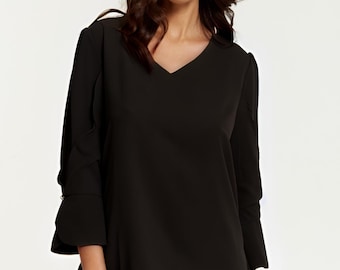 Black V-Neck Blouse: Long Sleeve Minimalist Top, Relaxed Fit