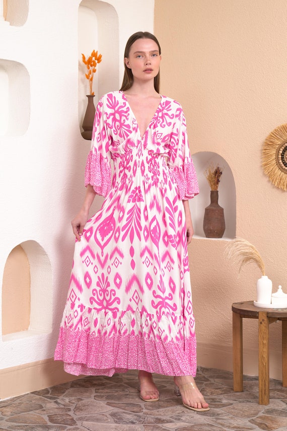 pink and white flowy dress Sky To Moon Allie Pink and White Print Babydoll Mini Dress - Size L