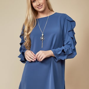 Relax Fit Tunic Top, Indigo Blue Top, Ruffle Detail Sleeve, Modest Clothing, Classic and Elegant Summer Top, Comes with a Matching Necklace