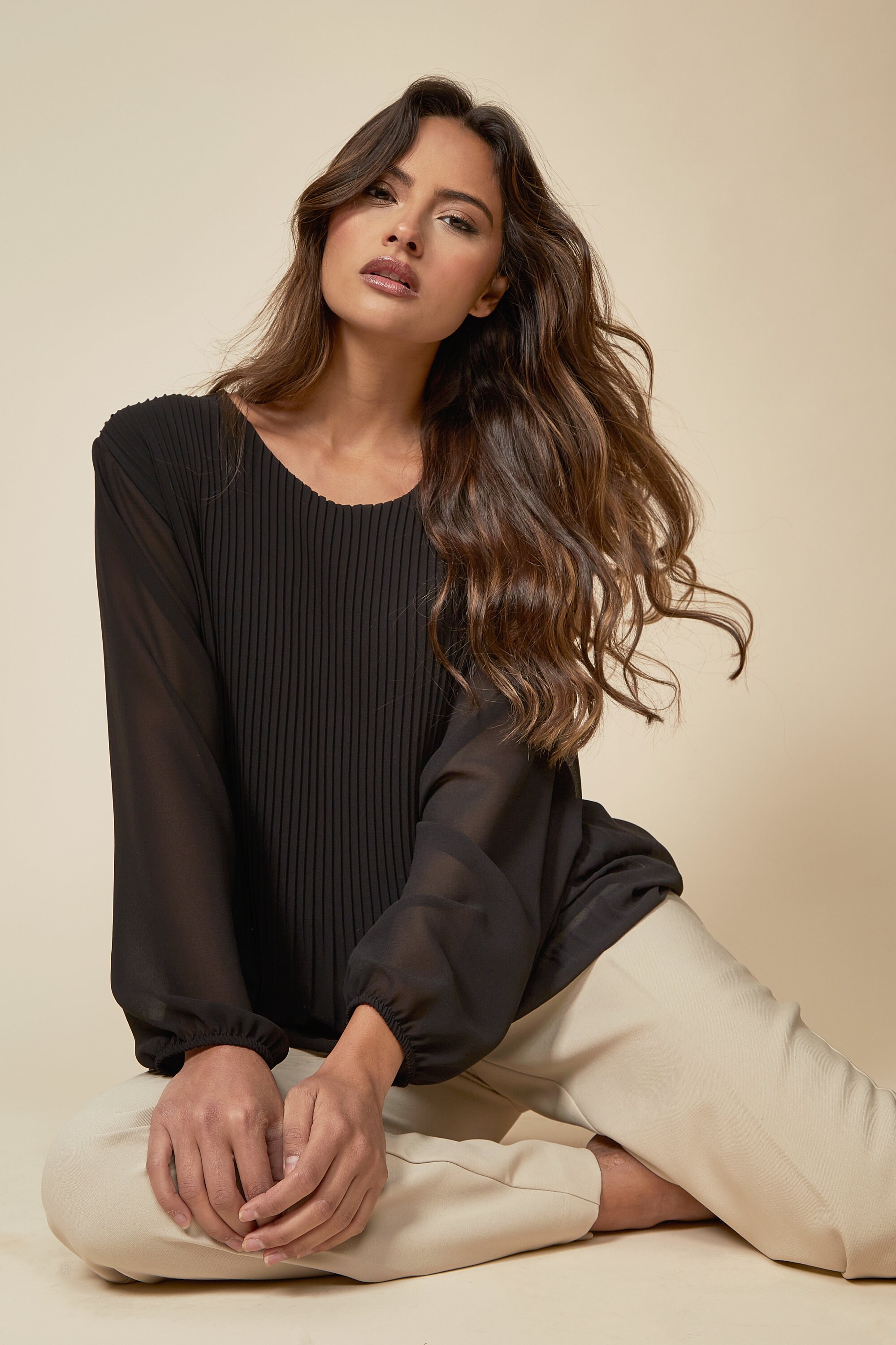 Long Sleeves Oversized Pleated Top With Tulle Details in