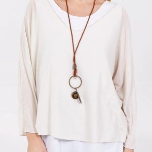 Oversized Viscose Blouse with Necklace: Beige Boho Top image 1