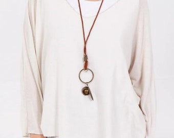 Oversized Viscose Blouse with Necklace: Beige Boho Top