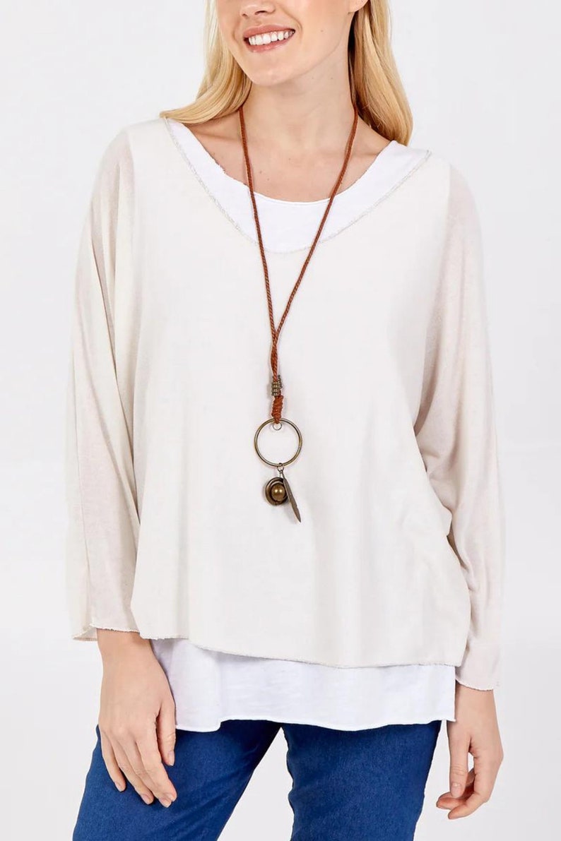 Oversized Viscose Blouse with Necklace: Beige Boho Top image 1