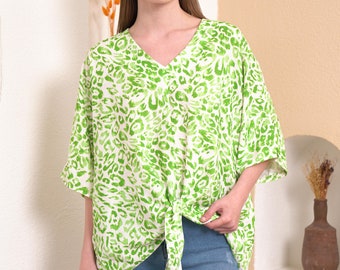 Oversized V Neck Leopard Printed Tie Detailed Top with 3/4 Sleeves in Green,V Neck Summer Top, Relaxed Fit Green Top, Work Wear Blouse