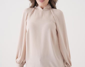 Beige Crepe Blouse: Relaxed Fit Mock Neck Office Top