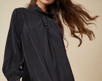 Black Button Detailed Top: Relaxed Fit Long Sleeve Office Wear