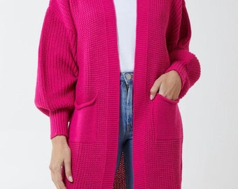 Oversized Long Sleeves Midi Knitted Cardigan with Pocket Details in Fuchsia