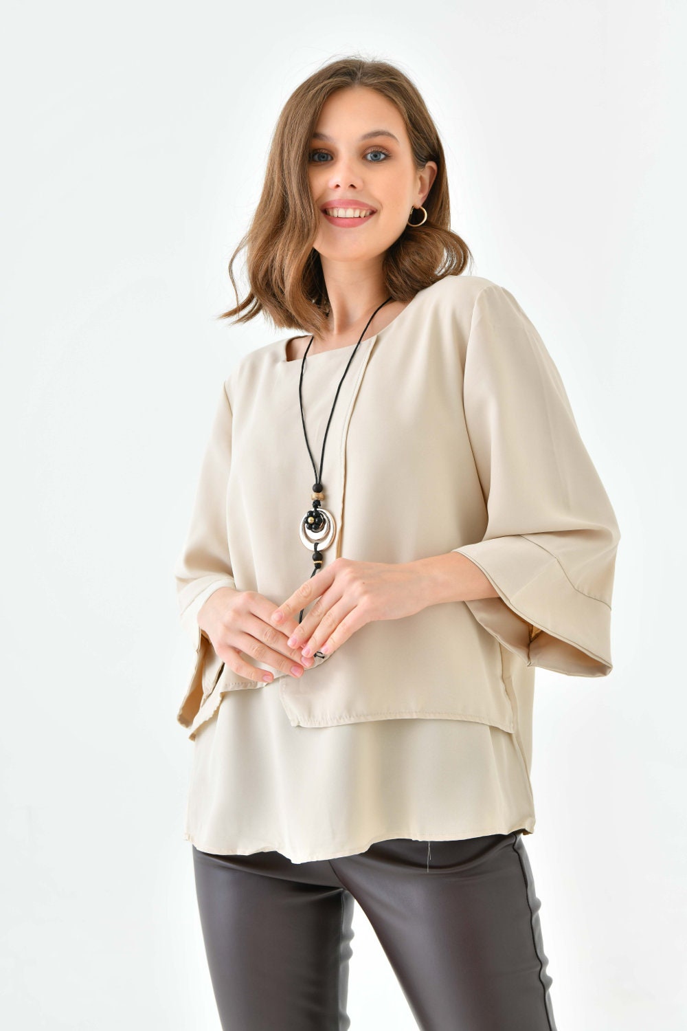 トップス Y's COMBINATION LEFT LAYERED BLOUSE 1 Oversized Fit 3/4 Sleeve Asymmetric Layered Blouse in Beige