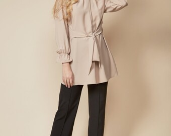 Beige Oversized Tunic Top: Long Sleeve Polyester Blouse