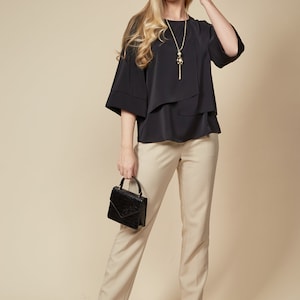 Oversized Black Blouse with Necklace: 3/4 Sleeve Relaxed Fit Top
