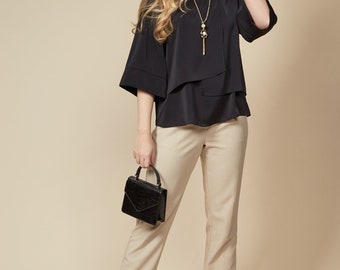 Oversized Layered Blouse, 3/4 Sleeves Round Neck Blouse, Office Wear Top, Loose Fit Black Blouse, Plus Size, Comes with Matching Necklace