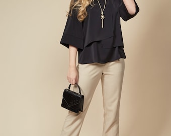 Oversized Black Blouse with Necklace: 3/4 Sleeve Relaxed Fit Top