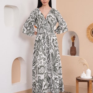 Breezy Maxi Dress with Flutter Sleeves, V Neck Relax Fit Dress, Flowy Tier Maxi Beach Wear, Oversized Floral Flattering Khaki Dress