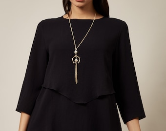 Black Layered Top: 3/4 Sleeve Office Wear with Necklace