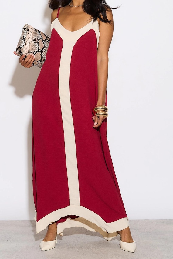 Burgundy Viscose Cami Dress: Relaxed Fit Sleeveless Midi