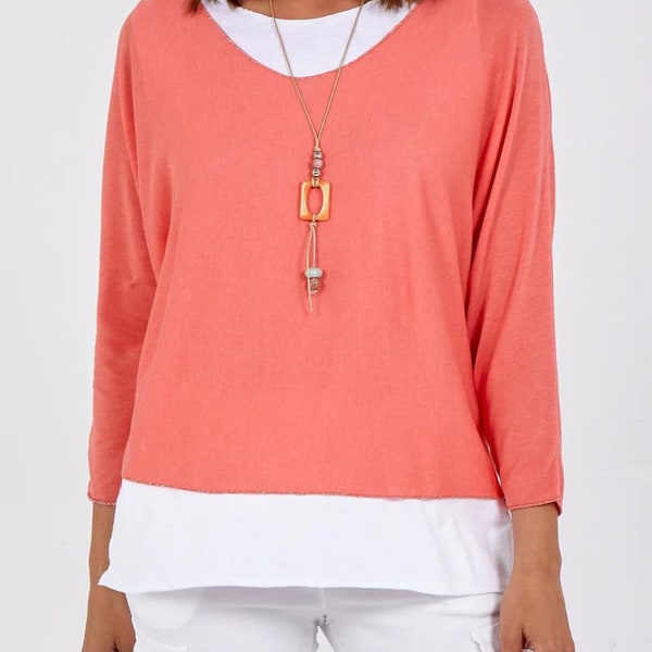 Coral Blouse, Round Neck Long Sleeve Blouse, Comes with Matching Necklace, Casual Wear, Boho Fashion, Capsule Wardrobe, Minimalist Look