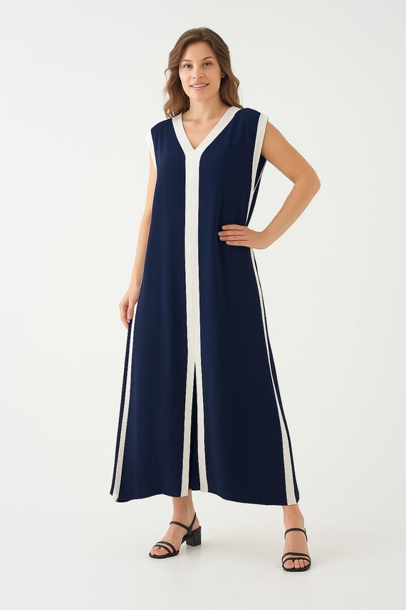 blue and white colorblock dress Ocean Mist Colorblock Linen Hailey Maxi Dress