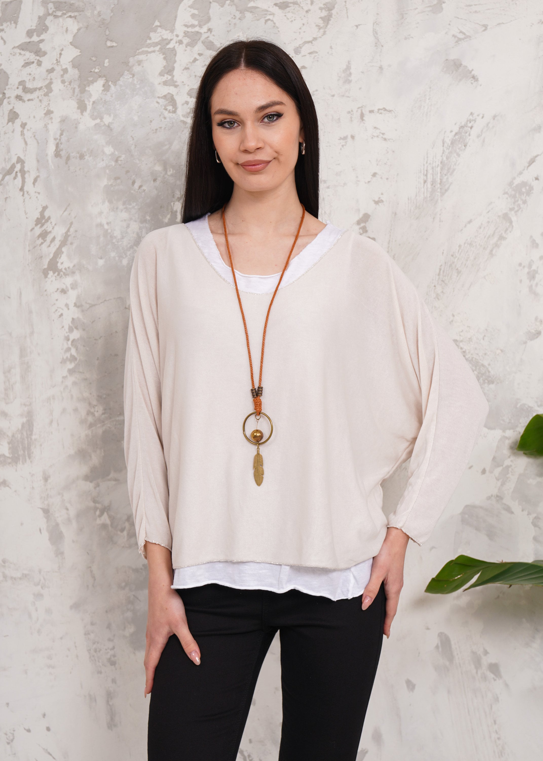 Beige Viscose Layered Blouse With Necklace Oversized Long Sleeve Top