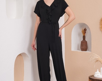 Oversized Short Sleeves Frilled Front Jumpsuit in Black