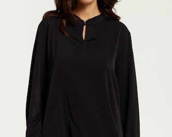 Black Loose Fit Top: Neck Detail, Long Sleeve Polyester Blouse