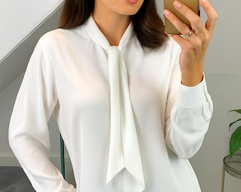 White Tie Neck Blouse: Elegant Long Sleeve Office Top