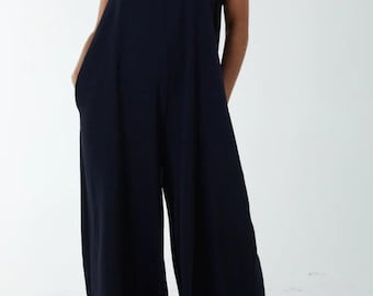 Oversized Back Detailed Ruffle Sleeve V Neck Jumpsuit with Wide Leg in Black